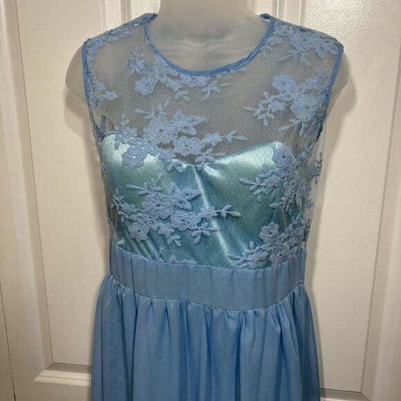Sleeveless Blue Satin Lace Maxi Dress Womens M Prom Bridesmaid Formal Elegant - Picture 1 of 10